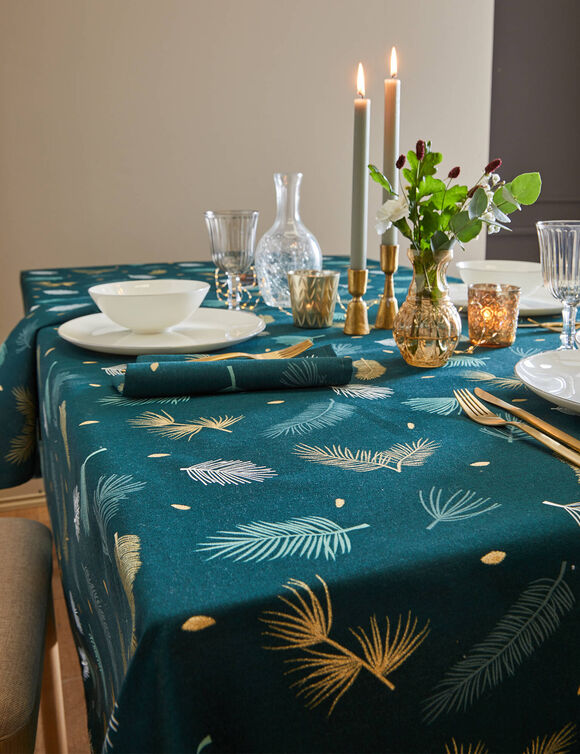 Tafellaken met goudkleurige bladerenprint (groen / goudkleurig) Tafellaken met goudkleurige bladerenprint (groen / goudkleurig)